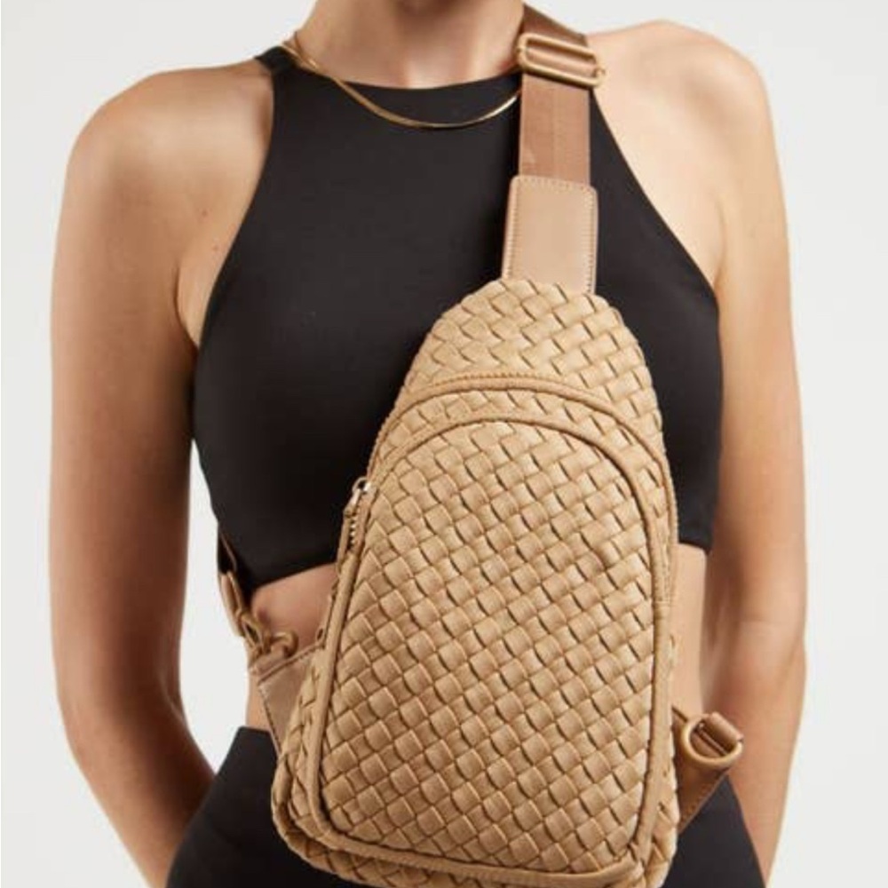 Woven Leather Crossbody Sling Bag in Tan